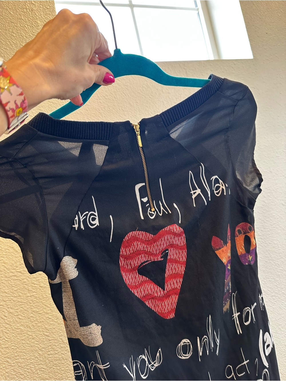 Desigual Graffiti Graphic Print Mini Dress XS Art Pop Art Sheer Sleeve - Picture 8 of 16